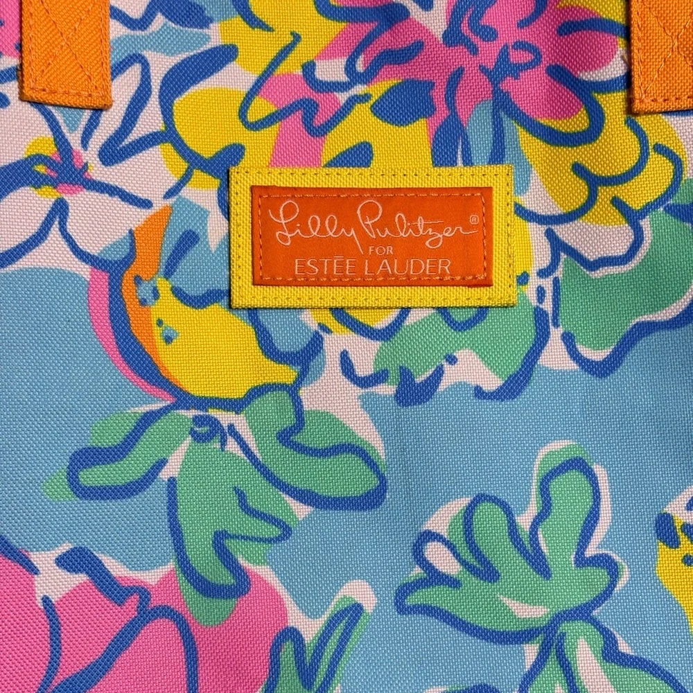 Lilly Pulitzer Estee Lauder Floral Canvas Tote Bag Blue Pink Yellow - Picture 3 of 5